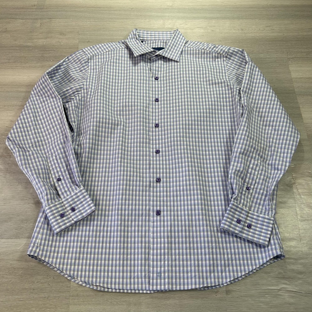 David Donahue Shirt Mens 16.5 34/35 Large Purple Plaid Dress Long Sleeve Cotton